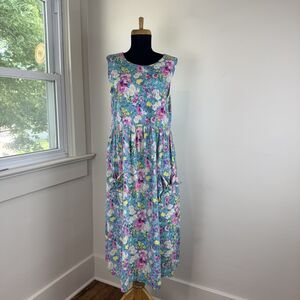 Vintage 90s Floral 100% Cotton Dress | Cottagecore Teal Pink Yellow Midi Pockets